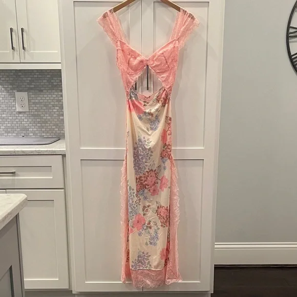 Worn 1x Free People Suddenly Fine Maxi Slip Floral Sheer Lace-trimmed Maxi Dress - Picture 2 of 10